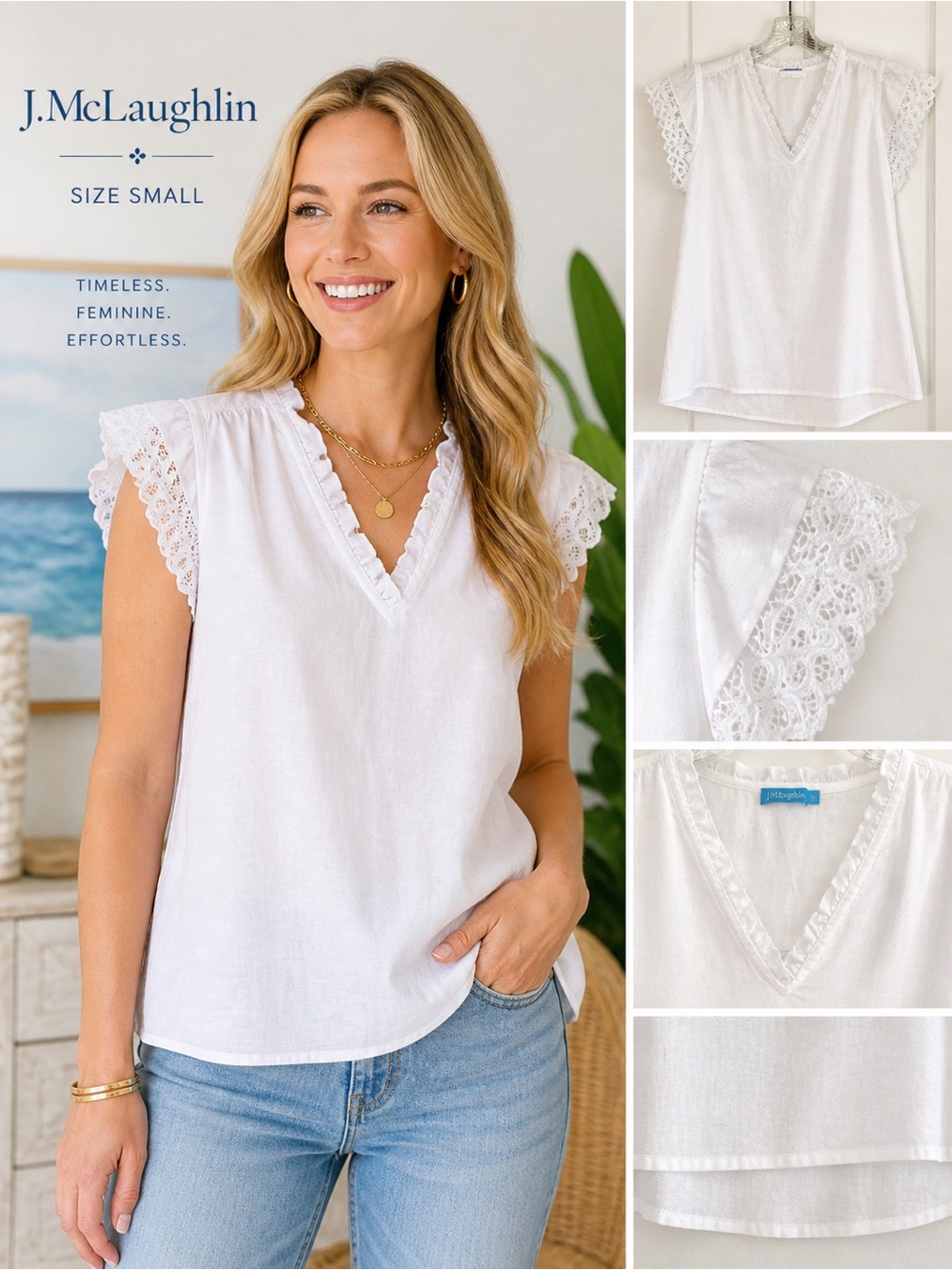 J. McLaughlin White Lace Sleeve Blouse Small V-Neck Flutter Sleeve Top